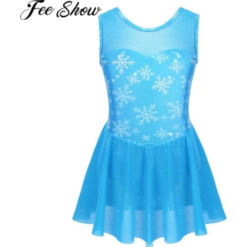 FEESHOW Kids Girls Dress Ballet Dance Costume Ballerina Dance Wear Sleeveless Mesh Splice Snowflake Pattern Gymnastics Leotard