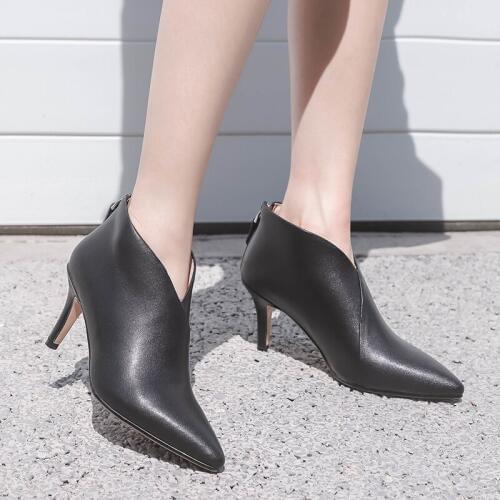 EshtonShero Womens Shoes Ankle Boots Cow Leather Thin High Heel Fashion Autumn Zipper Ladies Casual Motorcycle Boots Size 3-8