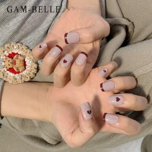 GAM-BELLE 24Pcs Short Square False Nails Design With Heart Pattern DIY Artificial Fake Nails With Press Glue DIY Manicure Tool