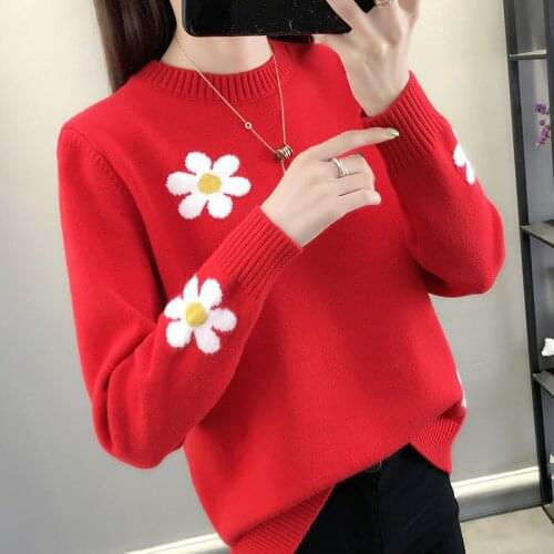 Korean Fashion Women Sweaters And Pullovers Knitted Autumn O-Neck Floral Knitted Long Sleeve Loose Sweater Tops Women 2020