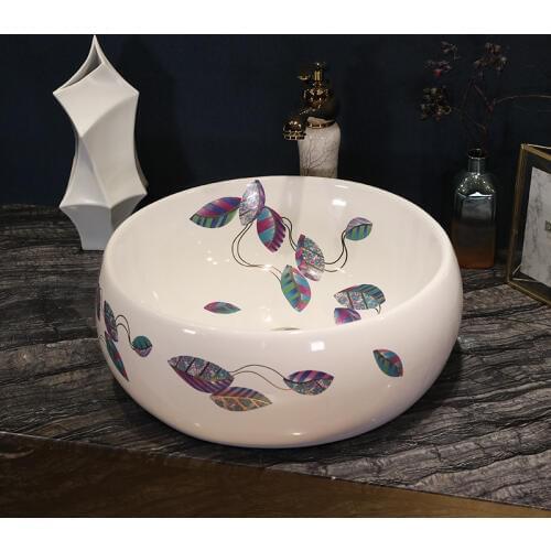 Round China Painting leaf Ceramic Painting Art Ceramic wash basin Bathroom Sink counter top porcelain sink
