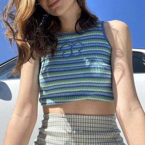 Sweet Tank Top Butterfly Embroidery Top Y2K Blue Striped Sleeveless Knitted Summer Vest Women Sexy Camisole Top Aesthetic