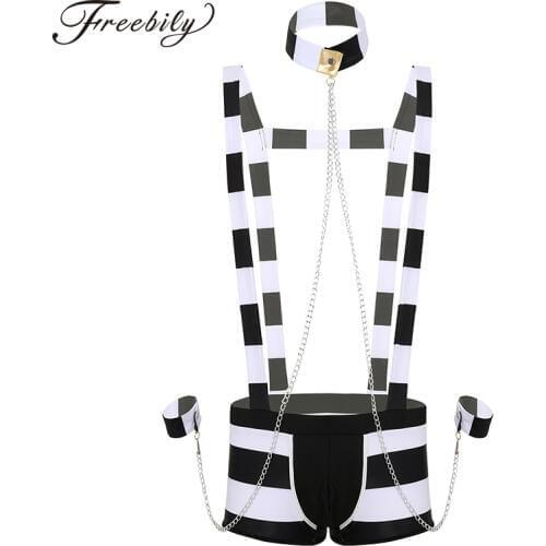 Men Adults Prisoner Costume Role Play Halloween Cosplay Lingerie Set Striped Suspender Boxer Shorts +Hat Collar + Wristbands