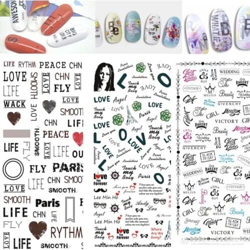 The New 3D Nail Sticker Cool English Letter stickers for nail Foil Love Heart Design Nails Accessories Fashion Manicure Sticker