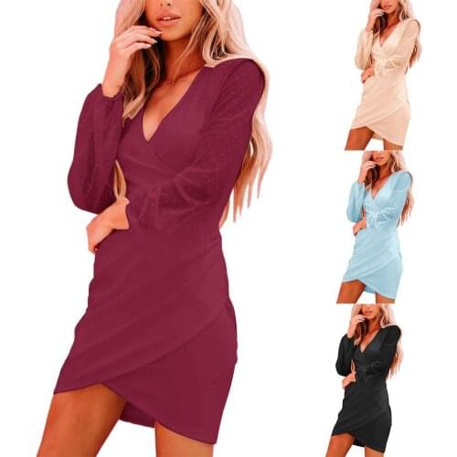 Bodycon Fashion Graceful Dress Mesh Patchwork Deep V Neck Women Solid Color Jacquard Cross Dress for Dating Party Office