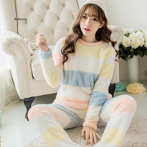 Autumn Winter New Pajamas Suit 2PCS Sleepwear Women Flannel Shirt&Pants Casual Striped Nightwear Pyjamas Soft Home Clothes