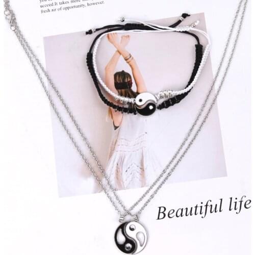 Couple Bracelets Necklaces Chinese Tai Chi Fengshui Hematite Leather Cord Braid Chain Bracelet Alloy Pendant Woven Bracelet Gift