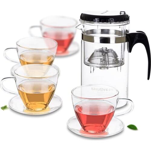 Easy-Taking Flower Teapot & 4PC Handled Glass Tea Cups & 4PC Glass Saucers