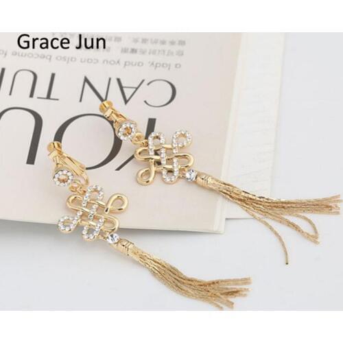 Grace Jun 4 Colors Choose Rhinestone Chinese Knot Long Tassel Style Clip on Earrings Without Piercing and Pierced Earrings New
