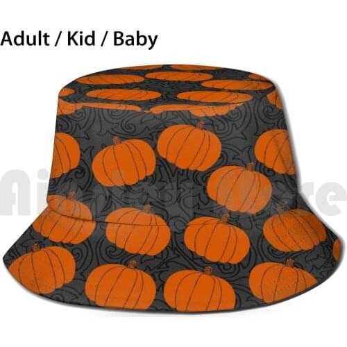 Cute Pumpkins On Grey Background Bucket Hat Adult kid baby Beach Sun Hats Orange Grey Gray Pumpkin Pumpkins Pumpkins Pattern