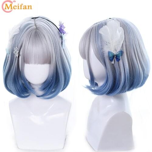 MEIFAN Synthetic Short Bob Color Lolita Anime Wigs With Air bangs for Women Natural Fake Hair Black Blue Lolite Cosplay Wig