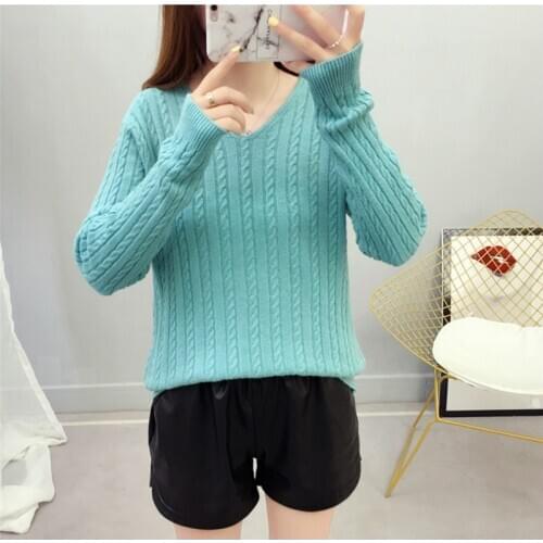 Blue Green White Pink Yellow Autumn Spring Fashion Women Knitted Sweaters Long Sleeve V-neck Sweater