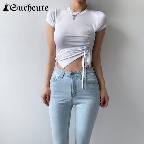 SUCHCUTE Harajuku Fashion Shirring Tshirts Short Sleeve Casual Basic Crop Tops Streetwear O Neck Women Pullovers Summer Tees