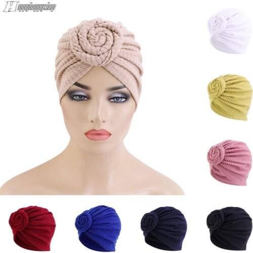 Fashion Women Elastic Twist Knotted Turban Headscarf Ladies Headwear Solid Color Chemo Cap Headbands Wrapped Hat Beanies