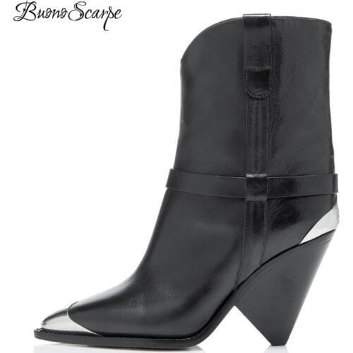 BuonoScarpe Real Leather Ankle Boots Women Metal Pointed Toe Rivet Tassel Strange High Heel Boots Woman Fashion Matin Boots2019