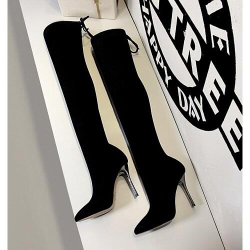 Size 34-40 Winter Stretch Fabric Over-the Knee Boots Womens Concise Lace-Up Pointed Toe Boots Black Thigh High Sexy Woman Shoes