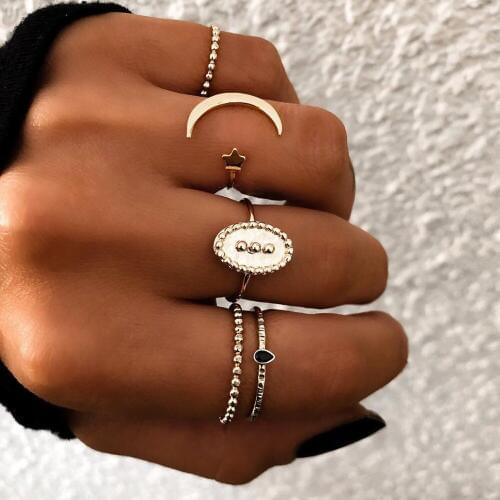 Antique Gold Color Finger Ring Set for Women Fashion Crescent Moon Star Pattern Knuckle Rings For Girl 5 Pcs/Set Jewelry Gift