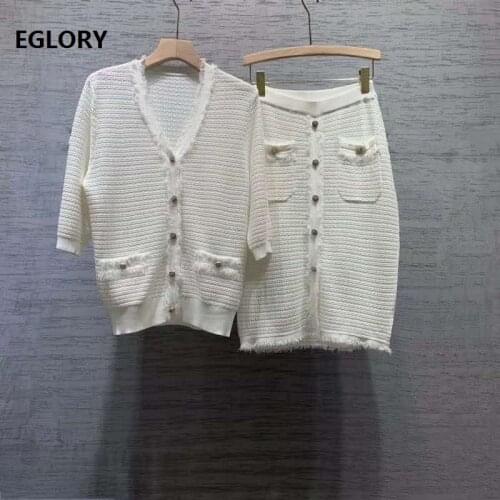 Tassel Sweater Sets 2020 Autumn Winter Casual 2 Piece Set Women Cotton Knitted Pullovers+Buttons Deco Knitted Skirt Sets & Suits