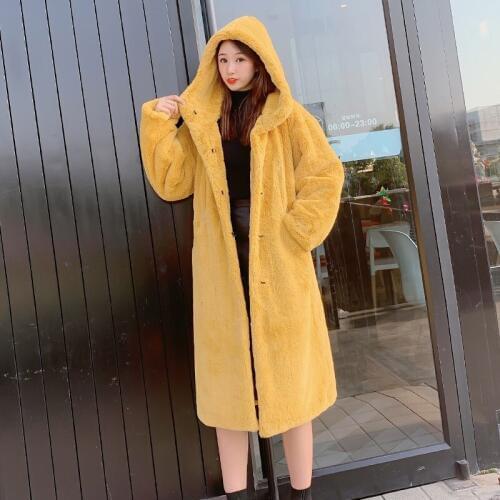 2019 Winter Women Jacket Rabbbit Fur Plush Coat Female Long Hooded Loose Thick Warm Cashmere Outerwear