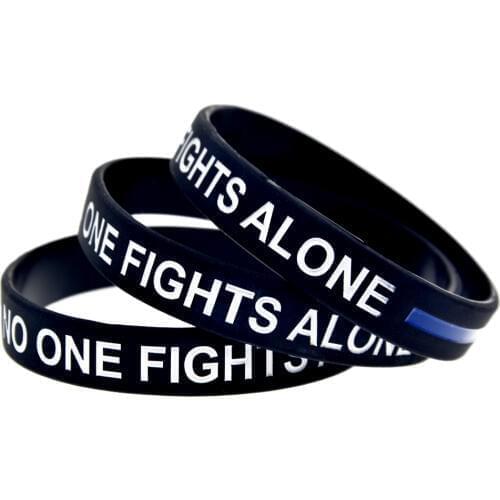 OBH 1PC No One Fights Alone with Blue Line Silicone Wristband Black Adult Size
