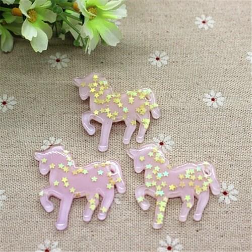 10pcs Cute Cartoon Light Purple Unicorn Glitter Star Filled Flatback Cabochon Miniature Art DIY Craft Scrapbooking,39*40mm
