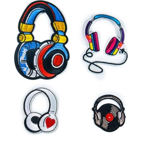 2PCS Rock Music Headphones PatchesIron on Embroidery Applique for Clothing Rock Punk T-shirt Backpacks DIY Sewing Accessories