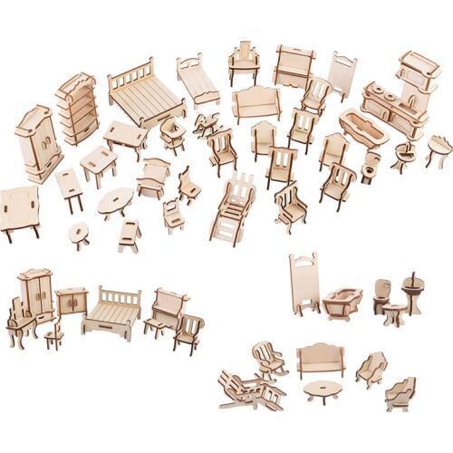 34 pcs/set)Laser Cutting DIY Wooden 3D Doll House Dollhouse Furnitures Jigsaw Puzzle Scale Miniature Handcraft Toys Models