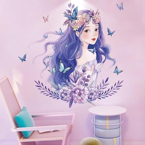 Nordic DIY 3D Blue Girl Butterfly Flowers Home Decor Mural Decals Wall Art Sticker For Girls Kids Living Room Bedroom Wallpaper