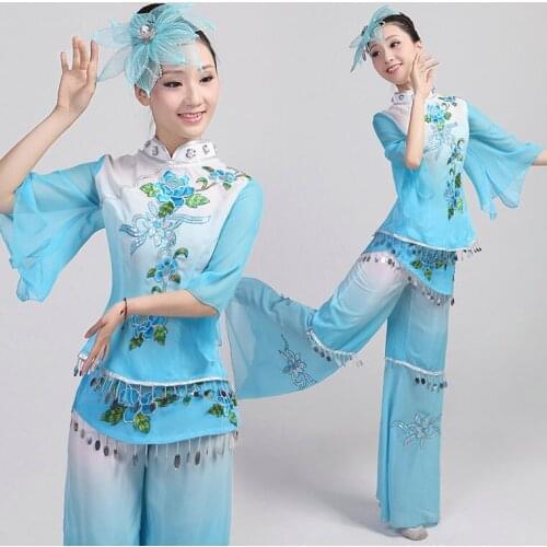 Blue drum clothes costumes square clothes yonger costumes Chinese traditional dance group stage performance Fan dance costume
