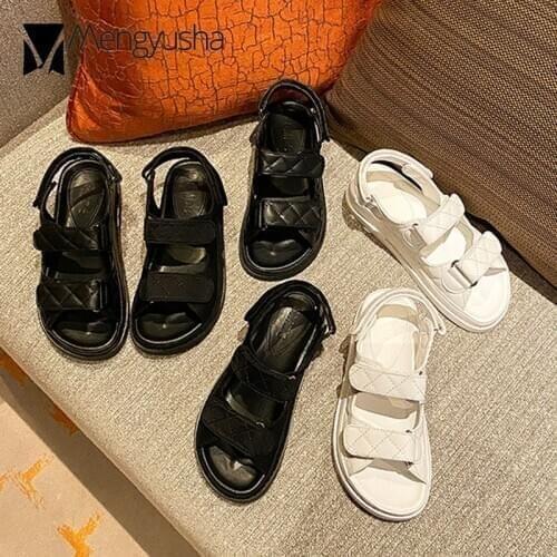 Brand Plaid Sandals Women Hook&Loop Shoes Lattic Sandalias Mujer Genuine Leather Platform Sandales College Girls Sheepskin Shoes