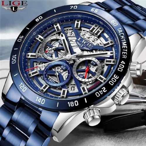 LIGE NEW Men Watch Top Brand Luxury Sports Quartz Mens Watches All Steel Waterproof Chronograph Wristwatch Men Relogio Masculino