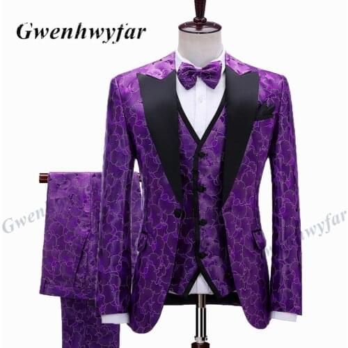 Gwenhwyfar Peaked Lapel Slim Fit Purple Jacquard Smoking Tuxedo Groom Dinner Party Suit Men 3 Piece Wedding Dress Best Man Suit