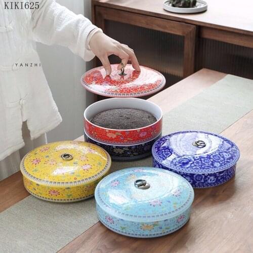 Classical Painted Ceramic Tea Caddy with Lid Round Tea Tray Household Large-capacity Biscuit Candy Tray Storage Container Decor