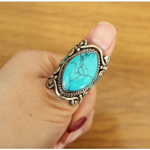 RG342 Vintage Jewelry Ethnic Tibetan Copper Inlaid Oval Full Turquoises Stone Rings Or Thumb Ring