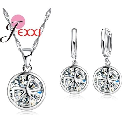 New Arrival Best Gifts Bridal Wedding Accessories 925 Sterling Silver Round Pendant Drop Necklace Earrings Jewelry Sets