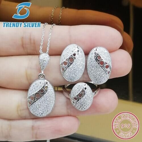 Complete pure 925 sterling silver zirconia clear CZ luxury jewelry set ring earrings for woman pendant necklace trendy design