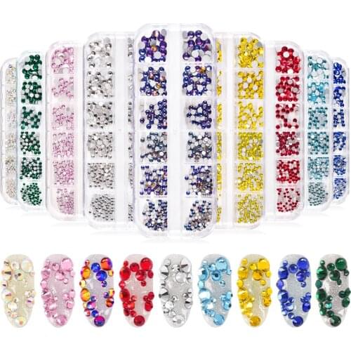 12 Grids Flatback Round Nail Decor Beads Clear Crystal AB 3D Glitter Stones Super Shiny Nail Art Rhinestone for DIY Nail Tips