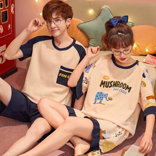 Summer Couples Pajamas Women Men Korean Fashion Blue Patchwork Cartoon Sleepwear Suit Plus Size Homewear Lovers Cotton Nightgown