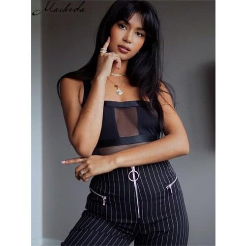 Macheda Sexy Perspective Bodysuit 2018 New Summer Autumn Women Shoulder Strap Backless Floral Hollow Out Black Bodysuit