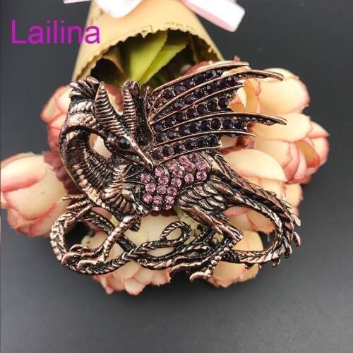 Trendy Rhinestone Purple Dragon Brooch Pin Antique Large Female Broach Male Broches