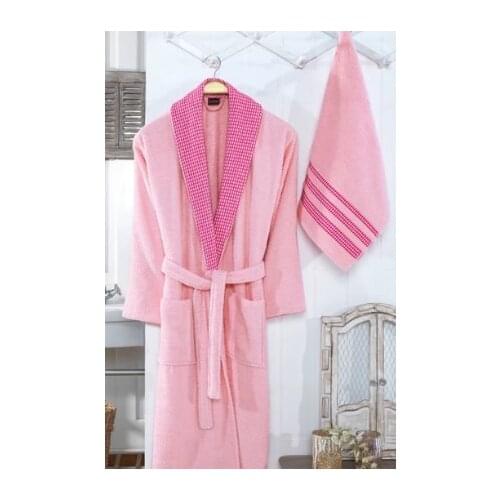 Nakışlı %100 Pamuk 2 Parça Bayan Bornoz Seti-Pudra Pembesi Yumuşak Banyo Havlu Seti Pembe ( Sürpriz Hediyeli)