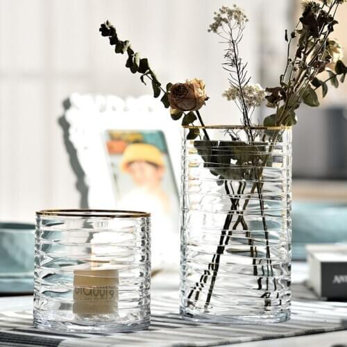 Thread Pattern Glass Vase for Home Decoration Flowers Container Straight Vase Living Room Dining Table Home Soft Outfit Ornament