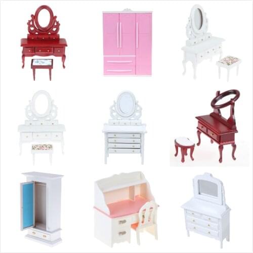 New 1/12 Dollhouse Furniture Wooden Cabinet Wardrobe Furniture Model with Mirror Makeup Dressing Table Doll House Bedroom Decor