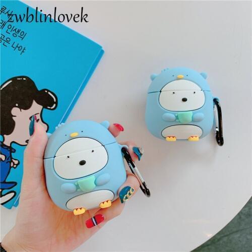 New case for airpods 1 2 pro3 charging box cute cartoon penguin silicone earphone protective cover with hook accessories keyring