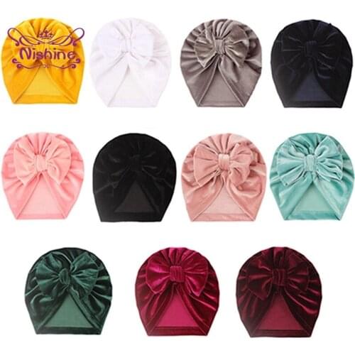 Nishine Solid Color Handmade Bowknot Baby Hats Soft Skin-friendly Warm Gold Velvet Infant Caps Fashion Bows Bonnet Birthday Gift