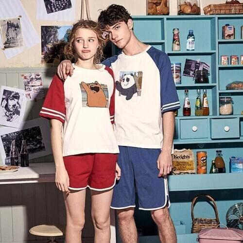 Couple Cartoon Cotton Pajamas Suit Short Sleeve Men Or Women Fashion Homewear Set
