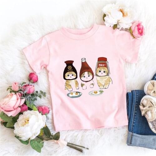 Boys Girls Casual Tops Summer New Fashion Lovely Cat Graphic Printed Pink T-shirt Kids Harajuku Cartoon Short Sleeve Tshirts