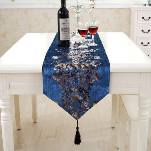Luxury Blue Table Runner with Tassel for Wedding Party Dining Table European Style Bed Runner Flocking Home Decoration Accessory
