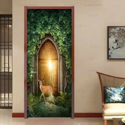 Self-Adhesive Waterproof Door Sticker 3D Elk Beautiful Dream Door Green Leaves Sticker Mural Living Room Dining Room Home Decals