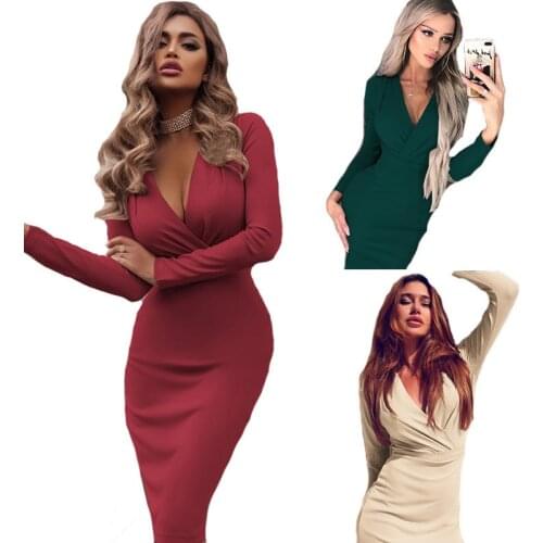 Sexy V Neck Winter Sweater Dress Women Ruched Long Sleeve Black Bodycon Dress Female Chic Party Dress Autumn 2021